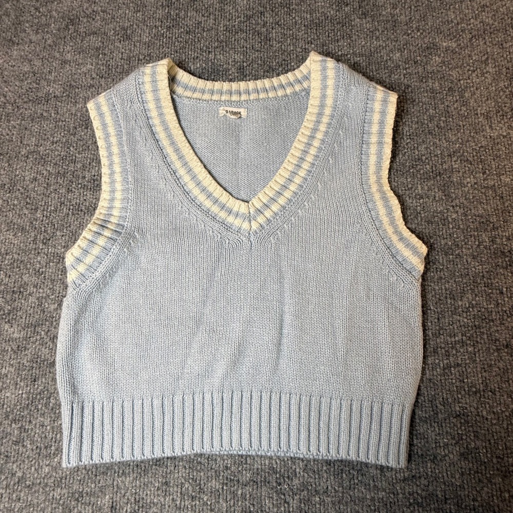 Garage Womens XXS Light Blue V-Neck Striped Trim Cropped Sweater Vest